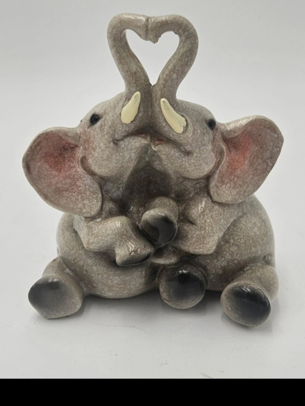 Grey Ceramic Elephant Pair Figurine with Pink Ear Accents